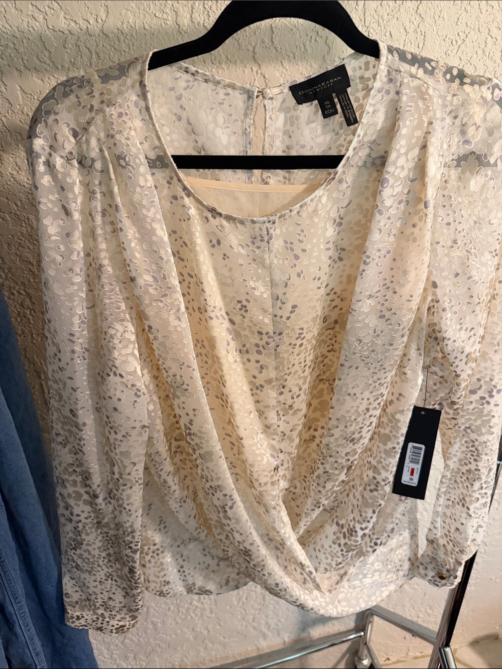 Donna Karan Cream Metallic Print Draped Blouse